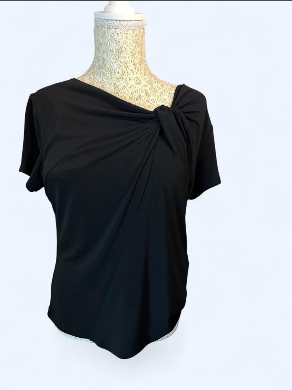 Vintage Silky Black Short-Sleeve Knot-Detail Tee